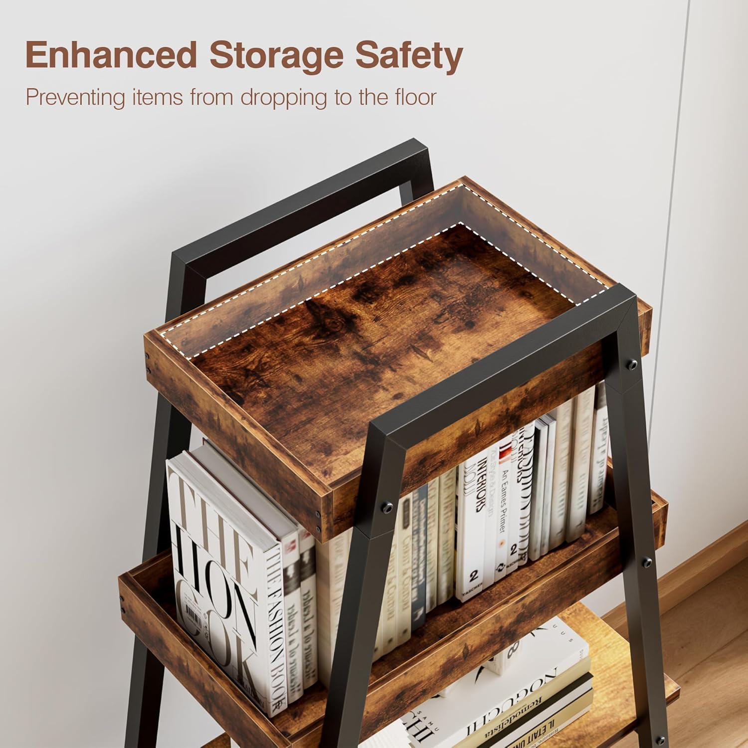 VECELO Ladder Shelf, 4-Tier Bookshelf with Enclosed Edges Design, Wooden Storage Rack Freestanding Bookcase for Living Room Home Office, Brown