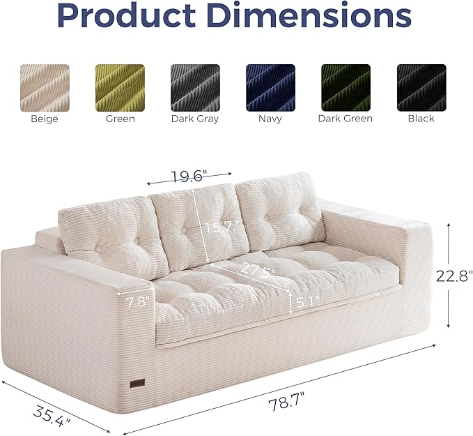 MAXYOYO 79" Loveseat Sofa Couch for Small Spaces, Upholstered Boneless Cloud Couch for Apartment Bedroom, 2-Seater Love Seat Floor Modern Sofa with Pillows, No Assembly Required, Beige