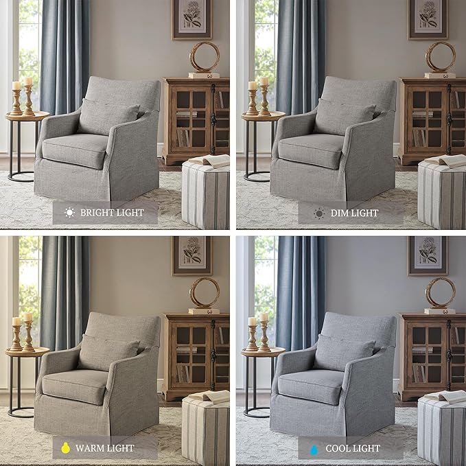 Martha Stewart London Swivel Chair - Solid Wood & Plywood, Skirted Metal Base Accent Armchair, Lumbar Pillow -Modern Classic Family Room Sofa Furniture Bedroom Lounge, 28"X31.5"X35.25", Grey