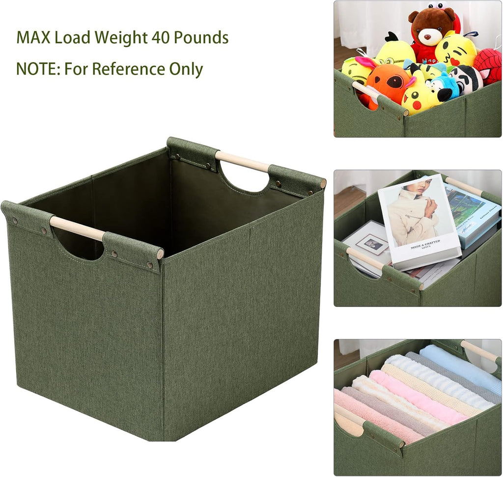 HOONEX Large Collapsible Storage Bins, Linen Fabric, Pack of 2, Storage Baskets with Wooden Carry Handles and Sturdy Heavy Cardboard, for Home, Office, Car, Nursery, Olive