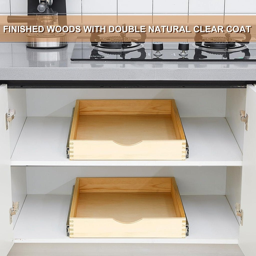 Menkxi 2 Set Pull out Tray Cabinet Organizer Wooden Pull Drawers storage Slide out Pantry Shelf for Base Cabinet Kitchen Gentle Close Fully Assembled Accessories(Wood Color,18'' X 21'' X 3'')