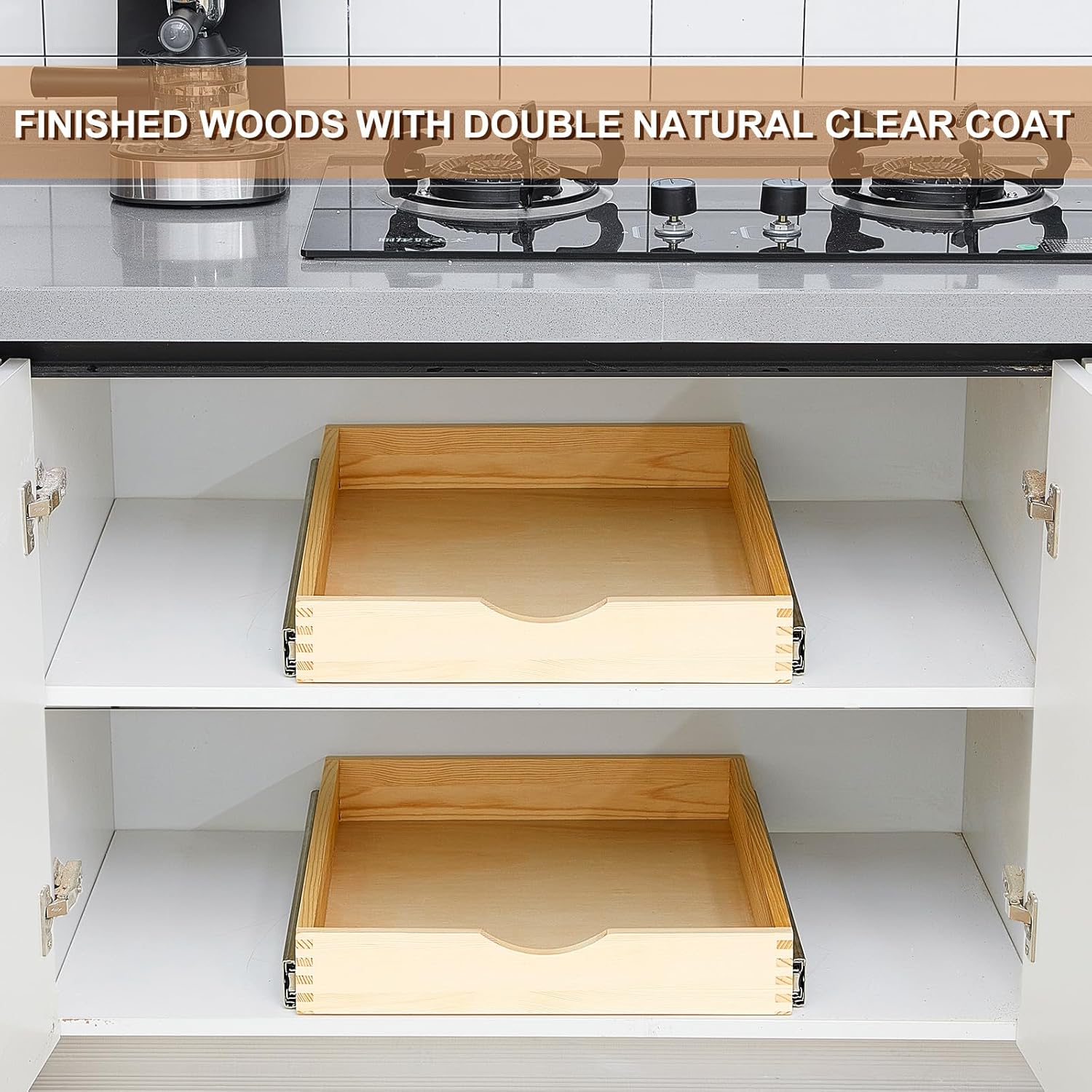 Menkxi 2 Set Pull out Tray Cabinet Organizer Wooden Pull Drawers storage Slide out Pantry Shelf for Base Cabinet Kitchen Gentle Close Fully Assembled Accessories(Wood Color,18'' X 21'' X 3'')