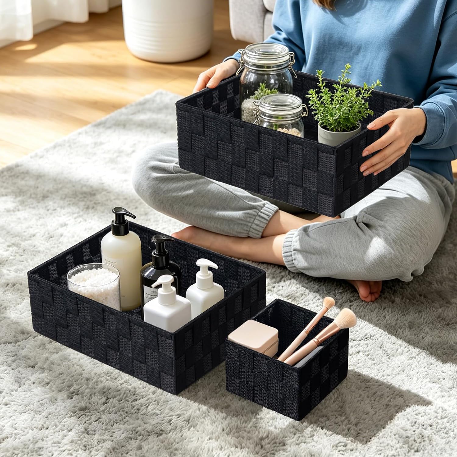 Posprica Woven Storage Basket Small Baskets for Organizing, Cube Basket Bin Container Tote Organizer Divider for Drawer,Closet,Shelf, Dresser,set of 4