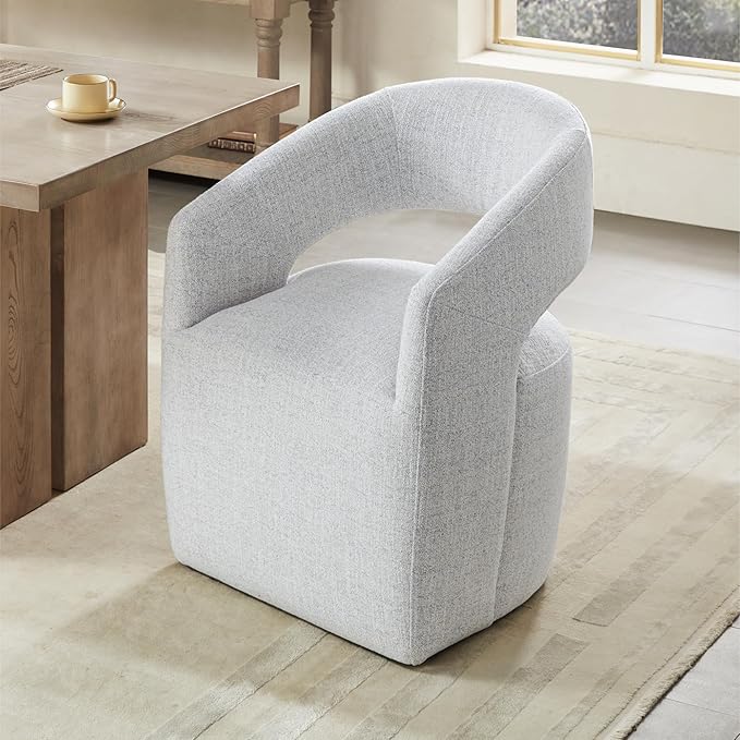 Upholstered Dining Chairs with Casters, No Assembly Modern Barrel Armchair with Rollers for Dining Room, Bedroom, Living Room, Reading Room, Home Office, Set of 2, Light Grey