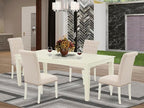 East West Furniture LGBR5-LWH-02 5 Piece Dining Room Table Set Includes a Rectangle Kitchen Table with Butterfly Leaf and 4 Light Beige Linen Fabric Parson Chairs, 42x84 Inch, Linen White