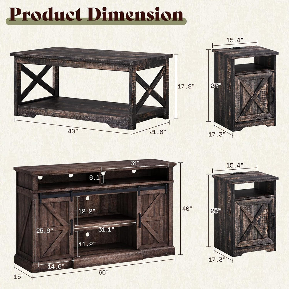 AMERLIFE 4-Piece Living Room Table Set with 66" TV Stand, Barnwood | Cof...