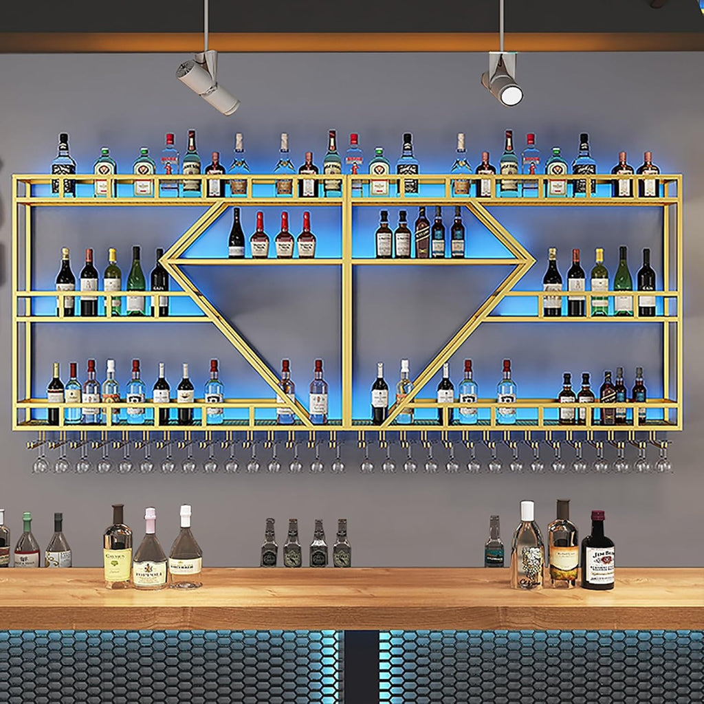 78.7in Wine Rack Wall Mounted, Modern Wine Storage Rack Wall Mounted with Wine Glass Holder, Liquor Shelf, Bar Shelves for Liquor Bottles (3TIERS Gold, 78.7 * 7.87 * 33.85INCH)