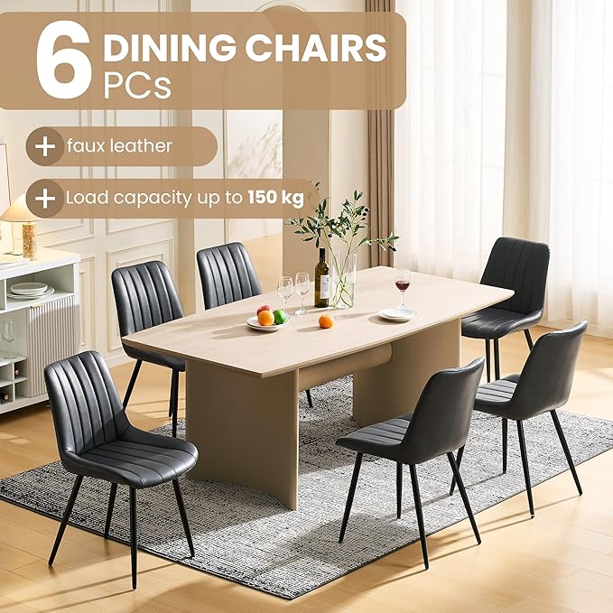 CLIPOP Dining Chairs Set of 6, Upholstered Kitchen Chairs with Comfortable Faux Leather Seat, Metal Legs, Modern Black Leather Dining Chairs, Easy Assembly