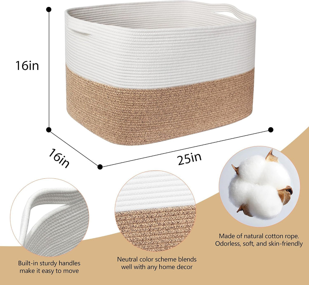 MEGASKET 108L Super Large Blanket Basket, 25" x 16" x 16" Woven Jumbo Basket for Blankets, Toys, Laundry, Extra Large Cotton Rope Pillow Holder Organizer, Entryway Shoes Bin, Living Room Storage