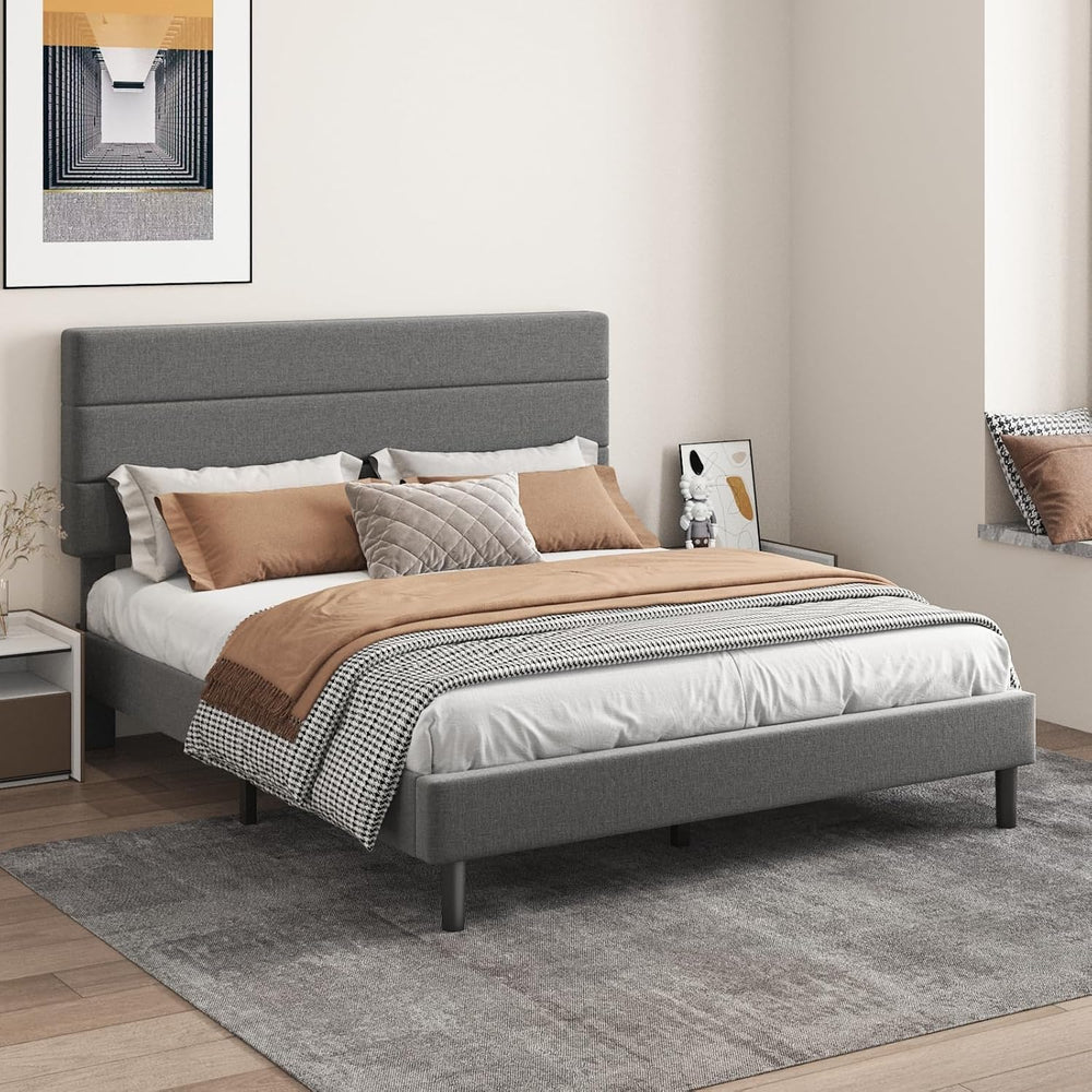 Queen Platform Bed Frame with Adjustable Linen Fabric Upholstered Headboard, ...
