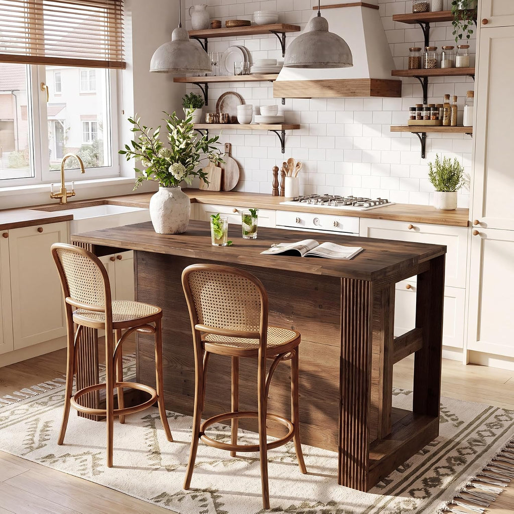 55" Solid Wood Kitchen Island Table with Storage | Farmhouse Island Table with 2-Tier Open Shelves, Sturdy Counter Height Bar Table for Kitchen, Dining Room, Rustic Brown