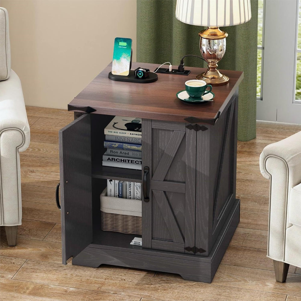 Merax Farmhouse End Table with Charging Station, Rustic Wood Nightstand with ...
