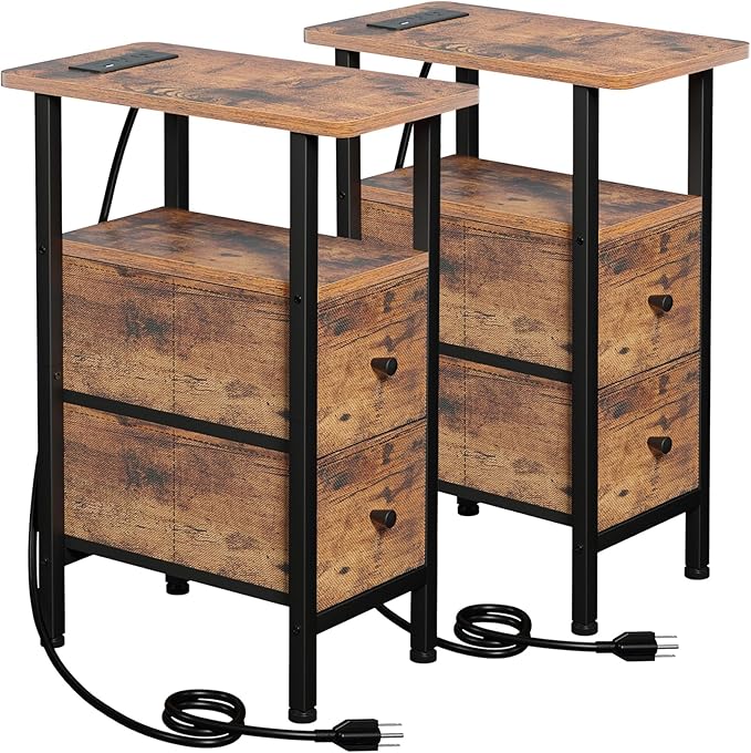 Narrow End Tables Living Room Set of 2 with Charging Station, Skinny Side Tab...