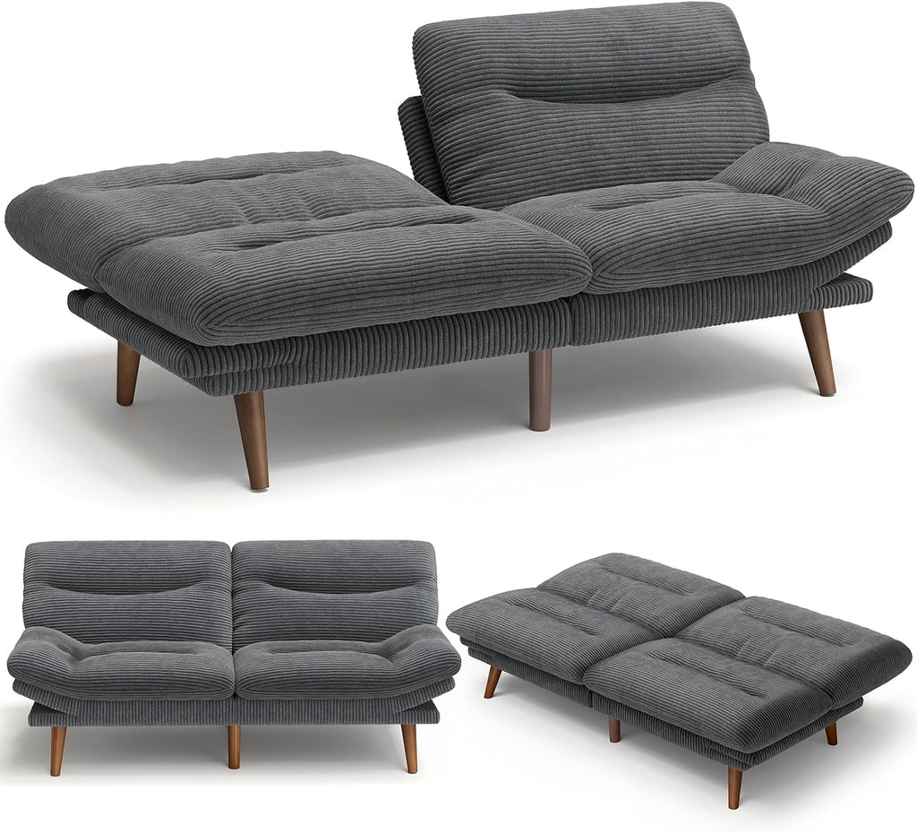 Amada 66" Convertible Futon Sofa Bed, Corduroy Folding Futon Set with Adjustable Backrest &Armrests, Recliner Lounge for Living Room, Apartment or Office, Wood Frame, Loveseat Sofa - Grey