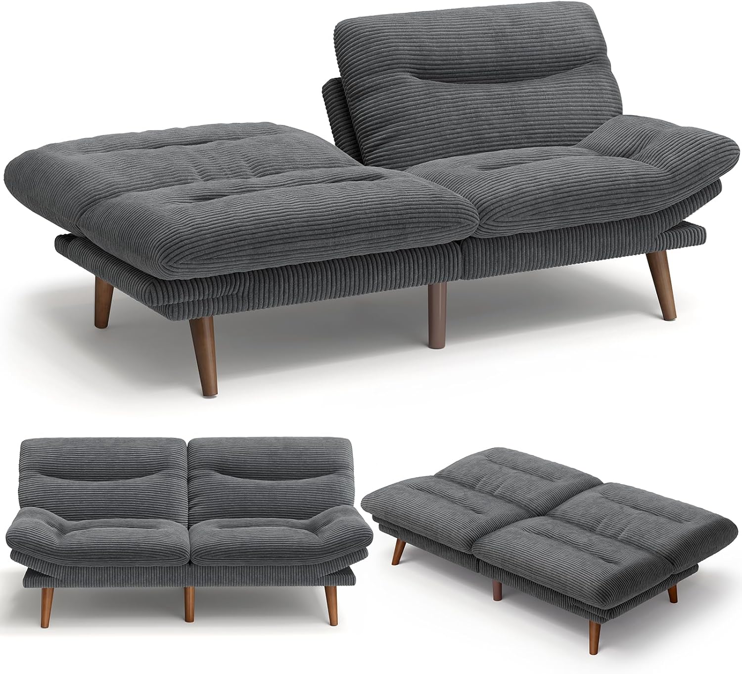 Amada 66" Convertible Futon Sofa Bed, Corduroy Folding Futon Set with Adjustable Backrest &Armrests, Recliner Lounge for Living Room, Apartment or Office, Wood Frame, Loveseat Sofa - Grey