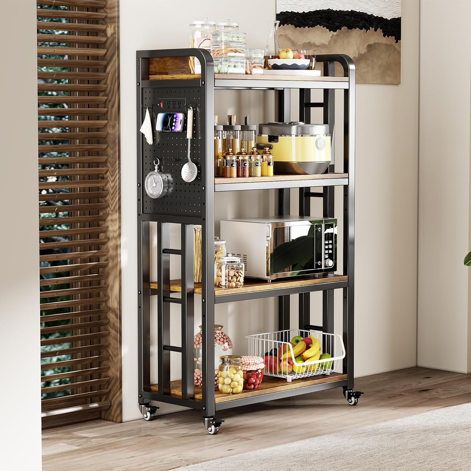 Bakers Rack with Power Outlet,bakers rack with storage,microwave cart | Microwave Oven Stand with Storage 4 Tiers,With pegboard Bakers Racks,bakers rack with storage,for Kitchen,Coffee Bar