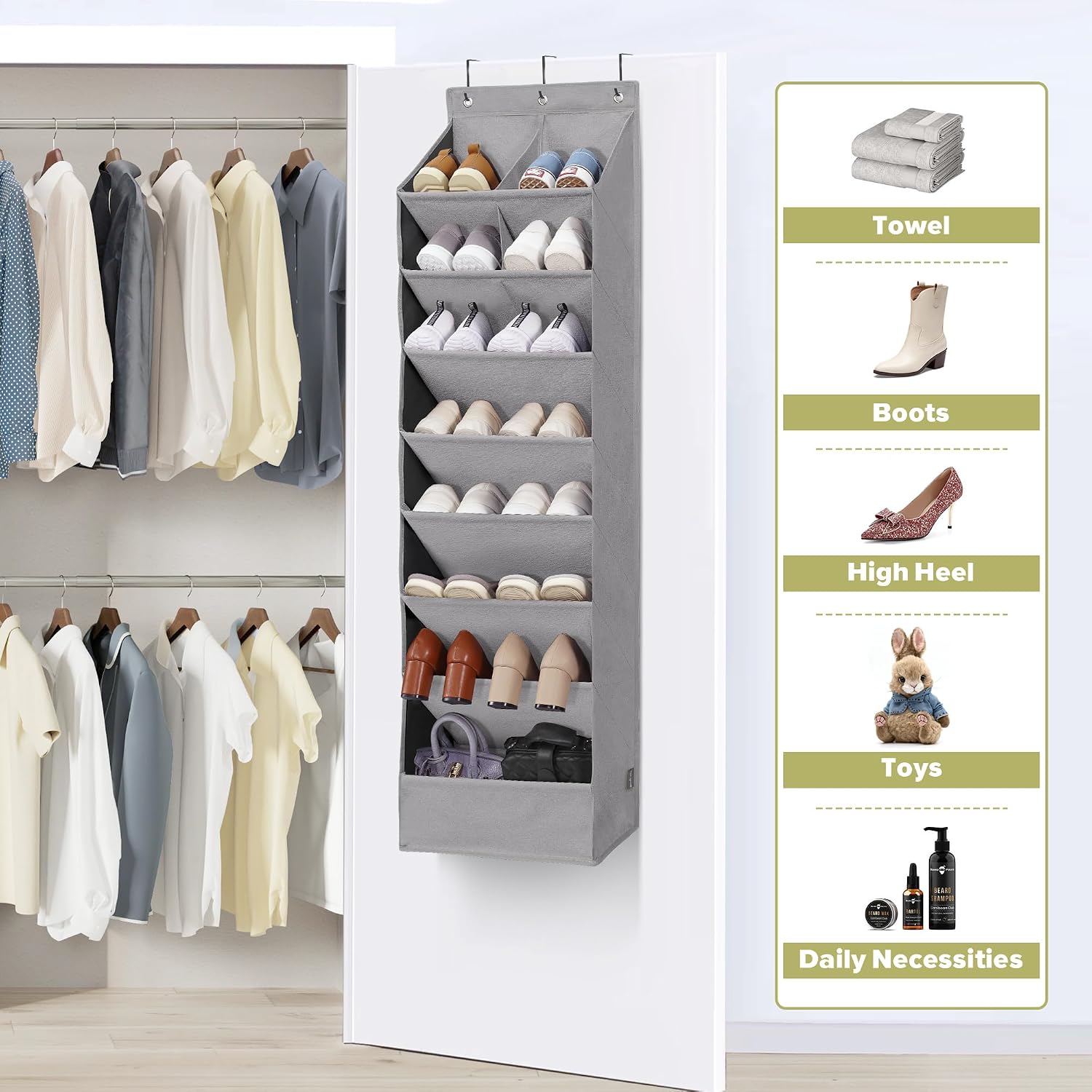 6 Pack Shoe Organizer with 6 Extra Large Pockets and 4 Large Pocket, Over the Door Sturdy Closet Storage Rack, Hanging Shoe Organizer for Shoes, Sneakers, Grey