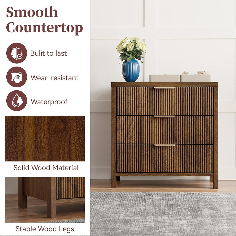 Fluted Nightstands Set of 2, 23.7'' Wide Night Stand with 3 Drawers, ...