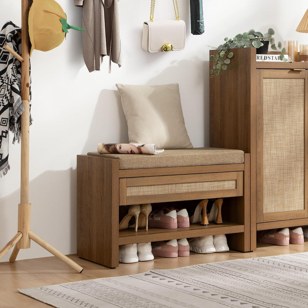 SICOTAS Rattan Shoe Bench Entryway Bench with Storage Drawer, Linen Cushion |...