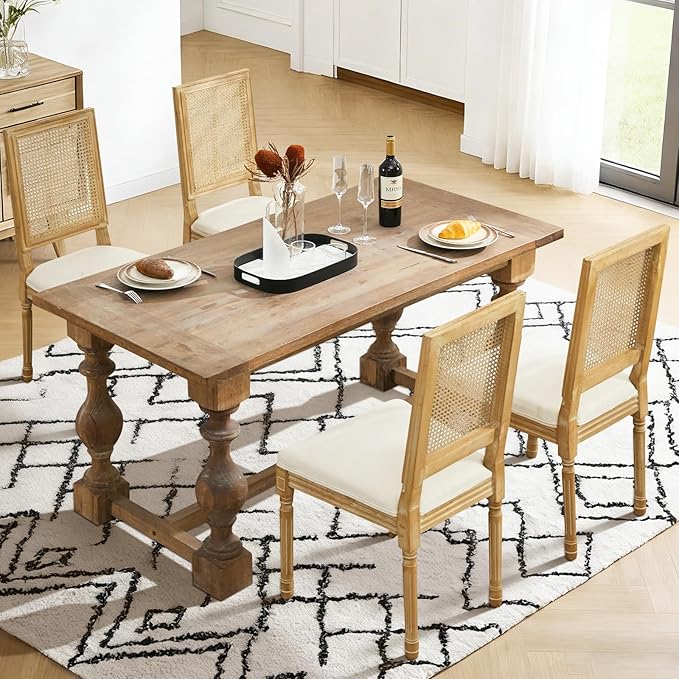 Dining Chairs Set of 4 for Dining Room & Kitchen, French Country Rattan Cane Back Chairs with Linen Upholstered Seat and S-Spring Support, Beige
