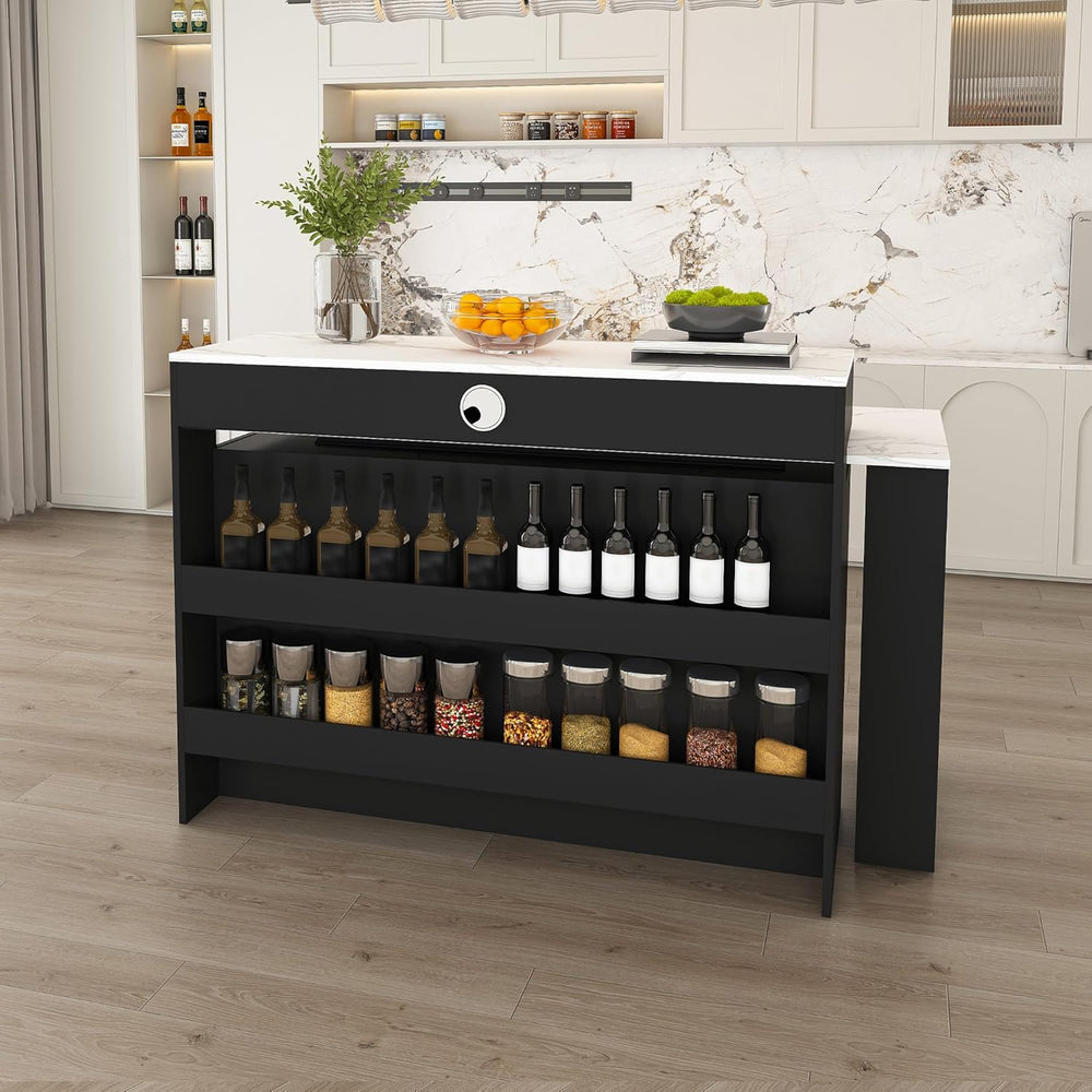 Flieks Kitchen Island with Extendable & Rotating Table, MDF with Marble V...