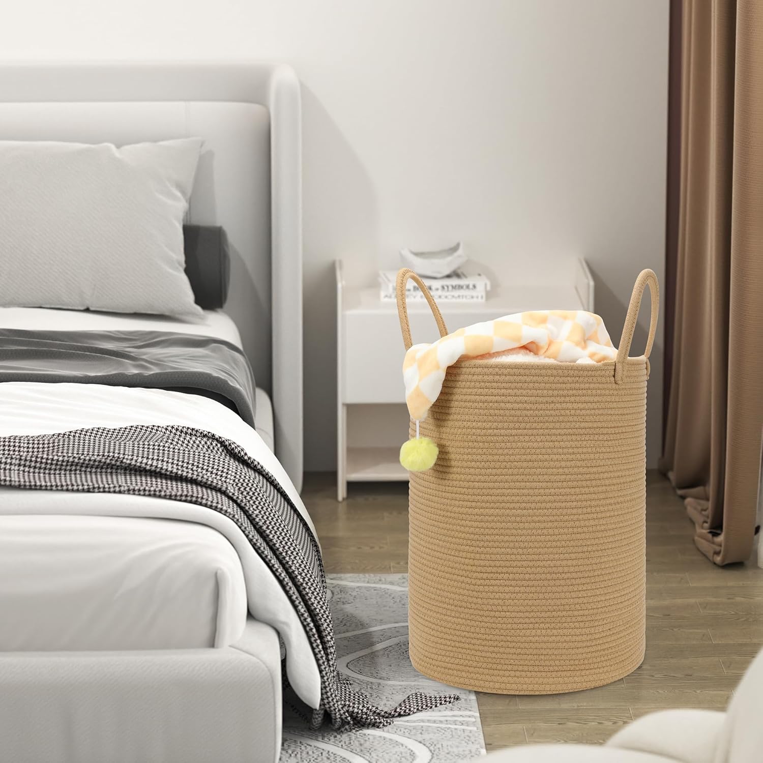 58L Cotton Rope Laundry Basket (20"x15"),Woven Basket for Storage Dirty Clothes Basket for Laundry, Living Room, Nursery, Bedroom Rope Storage Basket for Blankets（Brown）
