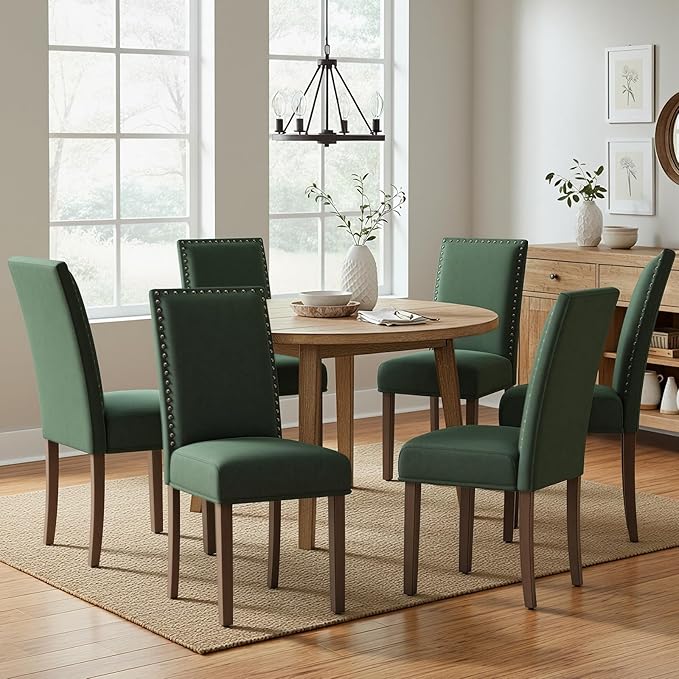 COLAMY Green Velvet Dining Chairs Set of 4 – Upholstered Kitchen & Dining Room Chairs with Nailhead Trim, Soft High-Density Cushion and Solid Wood Legs for Dining Room, Kitchen, Living Room