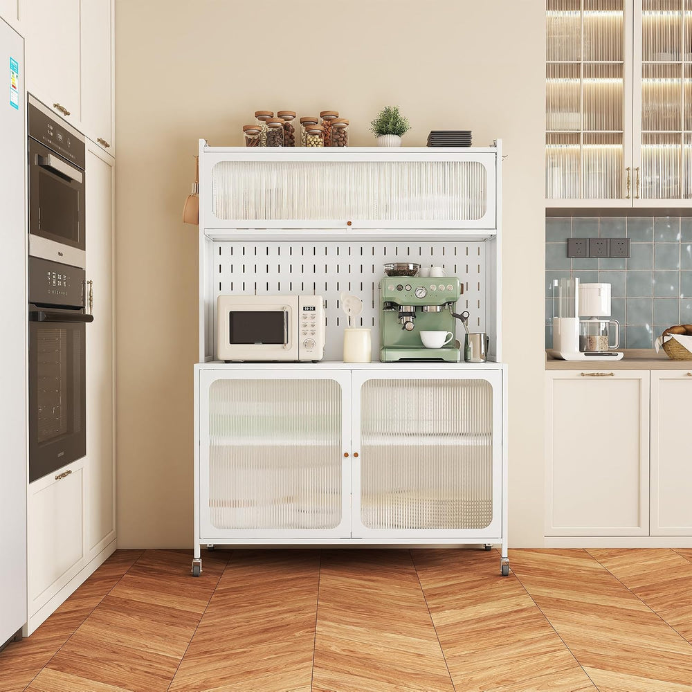 Rolling Kitchen Pantry Cabinet with 2 Glass Doors & Adjustable Shelves, F...