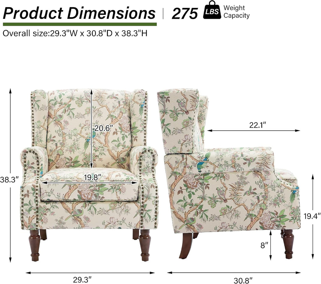 Wingback Accent Chair with Wood Legs, Bird, Set of 1 | High Back with Side Wings | Armrest Nailhead Trim | Solid Wood Frame | High-Density Foam Cushion | For Living Room & Bedroom