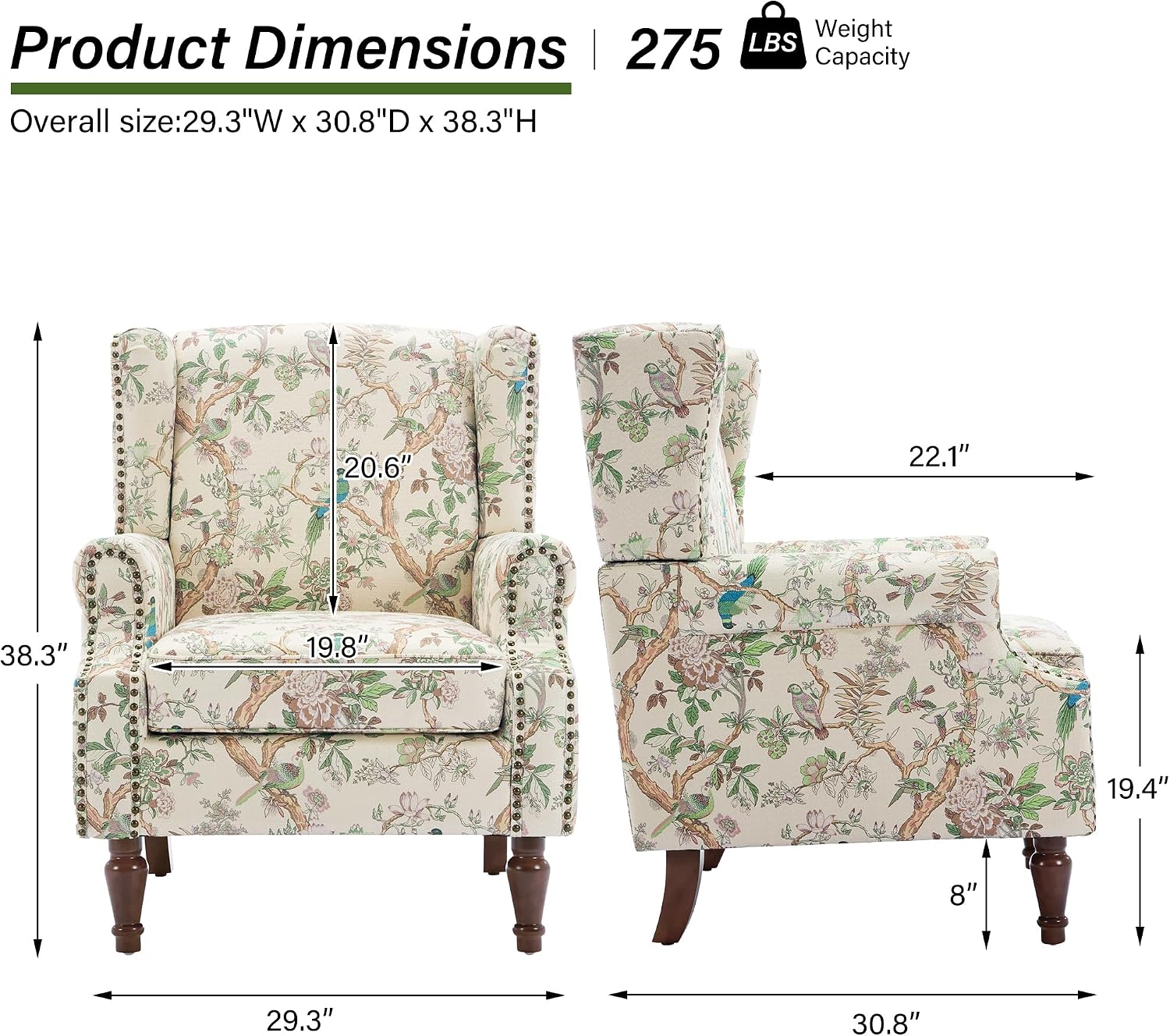 Wingback Accent Chair with Wood Legs, Bird, Set of 1 | High Back with Side Wings | Armrest Nailhead Trim | Solid Wood Frame | High-Density Foam Cushion | For Living Room & Bedroom