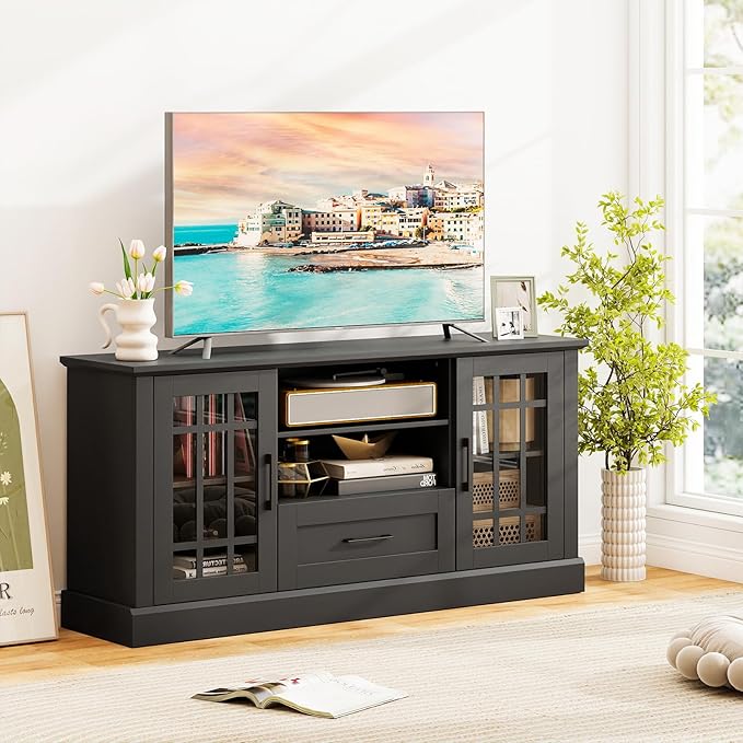 GOFLAME Farmhouse TV Stand for TVs up to 70", Entertainment Media Center Storage Cabinet with Glass Doors, Open Shelves & Drawer, Wooden Television Console Table for Living Room (Black)