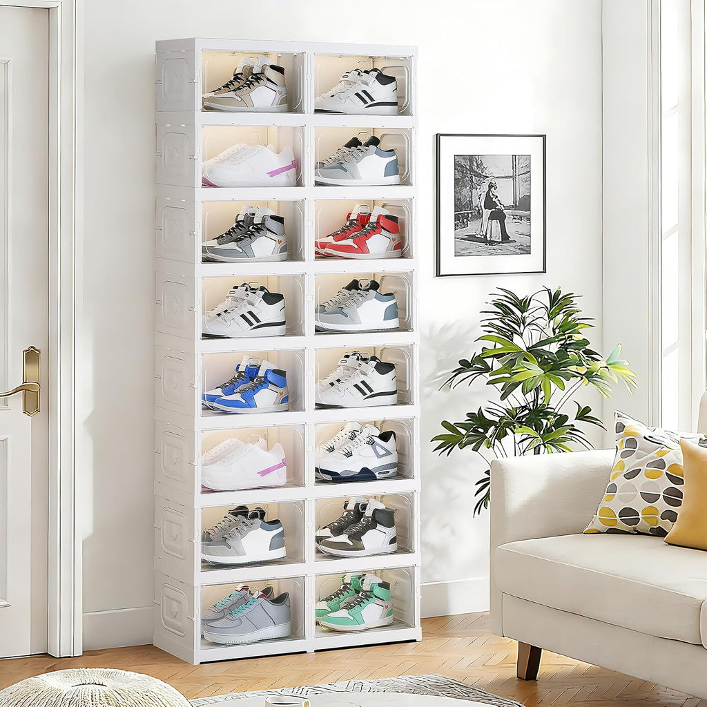 Shoe Box Foldable Storage Box Installation-free Clear Plastic Stackable Shoe Storage Cabinet Shoe Organizer Shoe Container Box with Lids Large Size Shoe Rack (8 Tiers 16 Pairs)