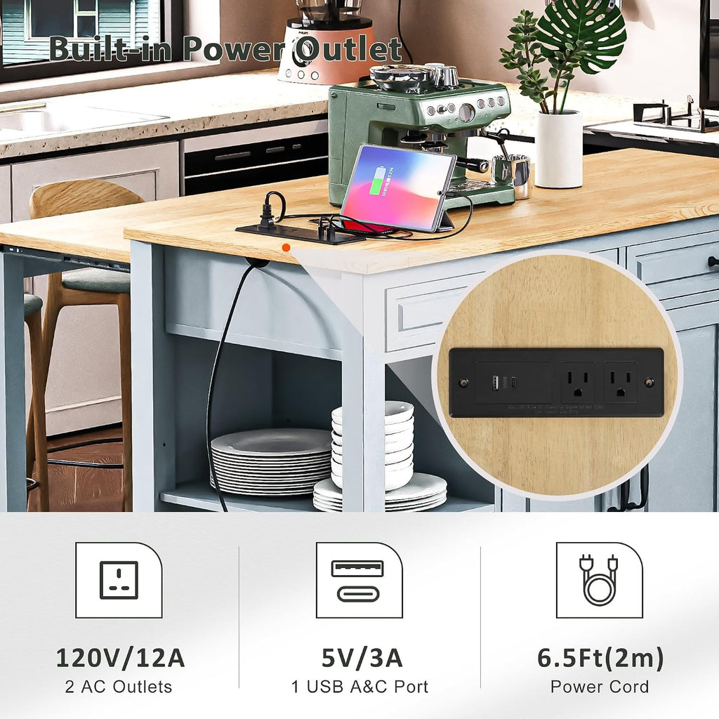 Kitchen Cart with Rubber Wood Drop-Leaf Countertop,Cabinet Door Internal Storage Racks,Kitchen Island on 5 Wheels with Storage Cabinet and 3 Drawers for Dinning Room, Black (Grey+ Blue)