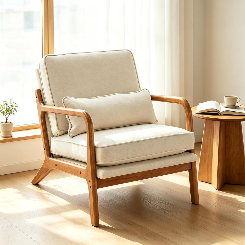Karl home Mid-Century Modern Accent Reading Chair, Beige | Linen Upholstered,...