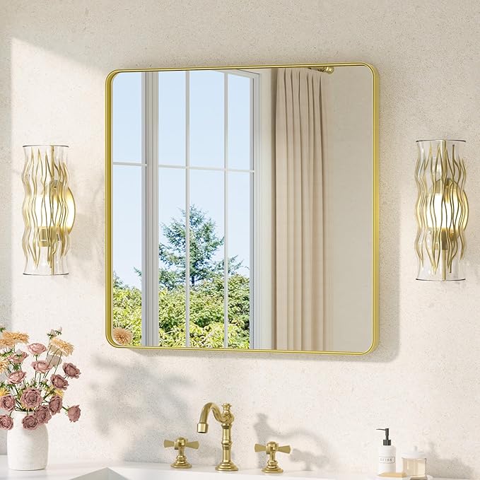 TETOTE Brushed Gold Bathroom Mirror 30 x 30 Gold Metal Framed Bathroom Mirror...