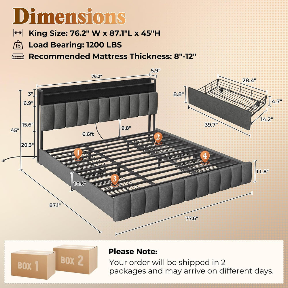 Bed Frame King Size with Upholstered Headboard & Charging Station, King B...