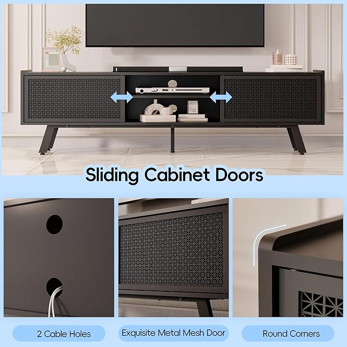 Black Mid Century TV Stand for TVs up to 80" Iron Rattan Entertainment Center with Sliding Door TV Media Console with Adjustable Shelves and 2 Storage Cabinets