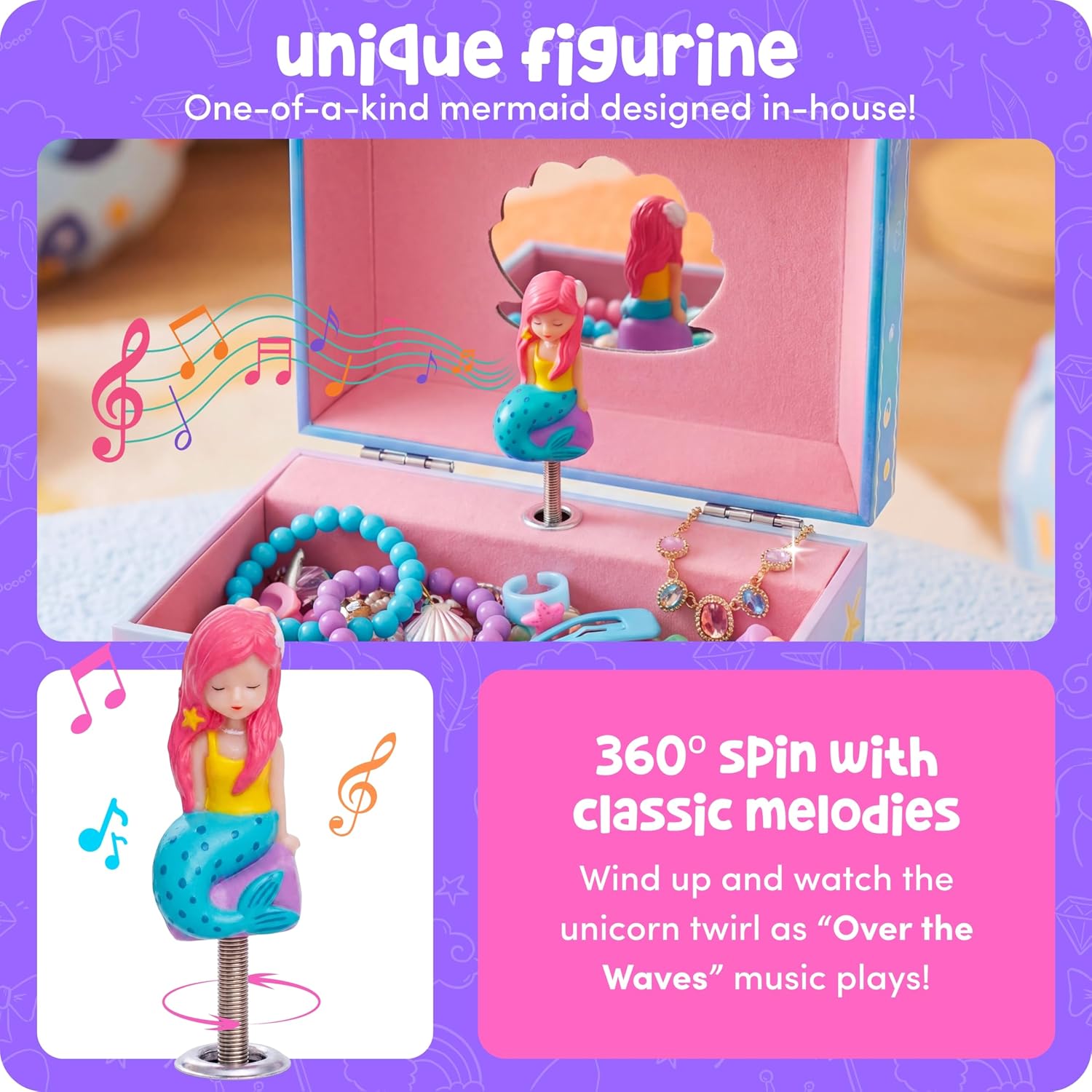 Giggle & Honey® Musical Mermaid Jewelry Box for Girls | Music Boxes for Little Girls, Toddler Jewelry Box for 4 Year Old Kids, Toys for Toddlers, Birthday Gifts for Kids 5-9 Years