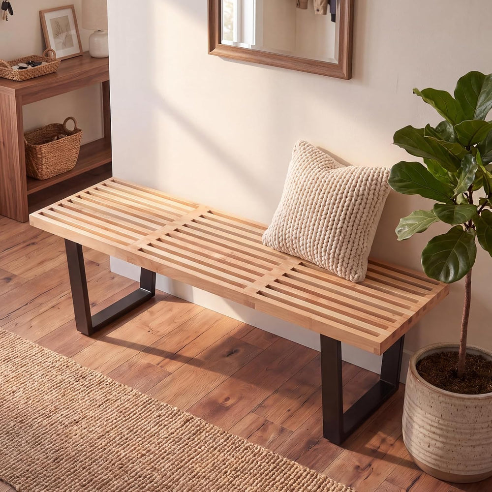 HNY Modern Entryway Bench Wood Dining Bench Minimalist Nelson Bench with Meta...