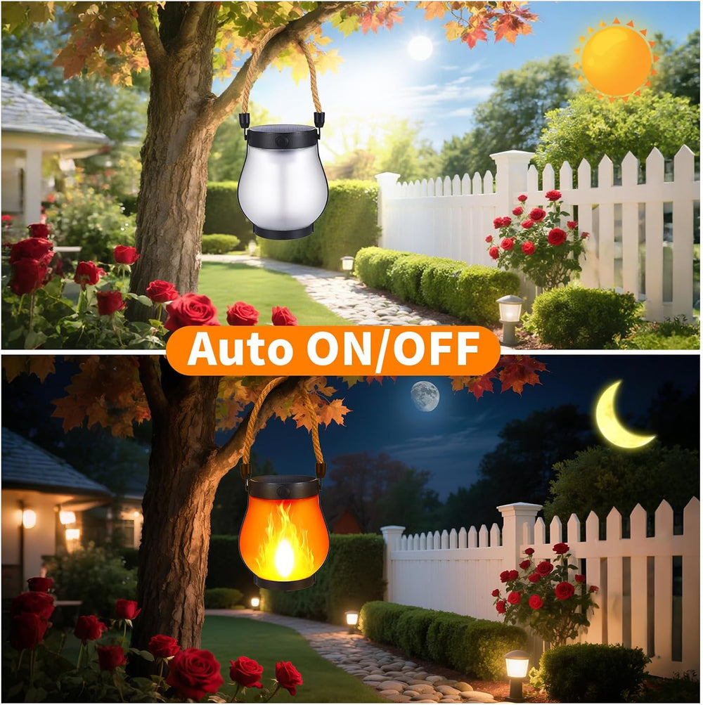 2 Pack Solar Flame Lantern Lights — Flickering Flame Hanging Lanterns Outdoor...
