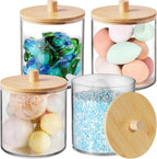 SheeChung 4 Pack 50 Oz Large Apothecary Jar with Bamboo Lid, Laundry Pods Container, Storage Jars for Bathroom Organization, Plastic Canisters with Cute Stickers Spoons(Natural)