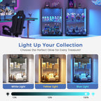 Corner Display Cabinet Set of 2 with Glass Doors, Small Display Case with 3-Color LED Lights and Charging Station, 2-Tier Curio Cabinet with Storage and Shelf, Black