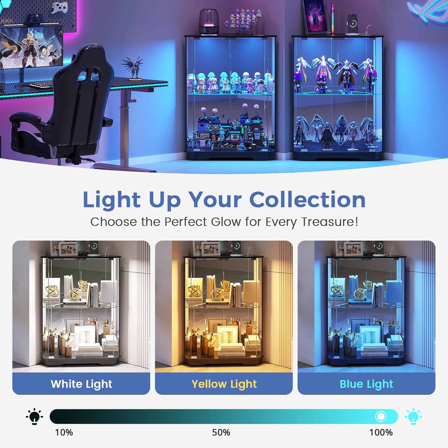 Corner Display Cabinet Set of 2 with Glass Doors, Small Display Case with 3-Color LED Lights and Charging Station, 2-Tier Curio Cabinet with Storage and Shelf, Black
