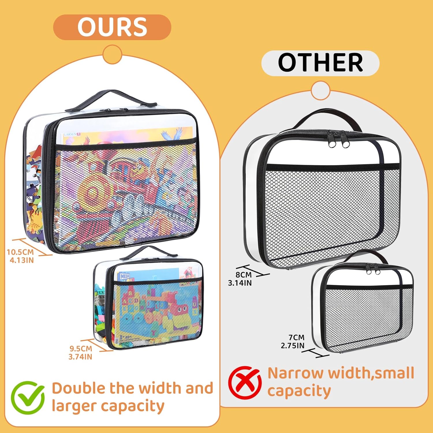6 Pack Toy Storage Bags, Reusable Clear Board Game Storage, Waterproof PVC Organizer, Toy Storage Organizer Bags with Zipper with Name Tag and Manual Pockets Small Size