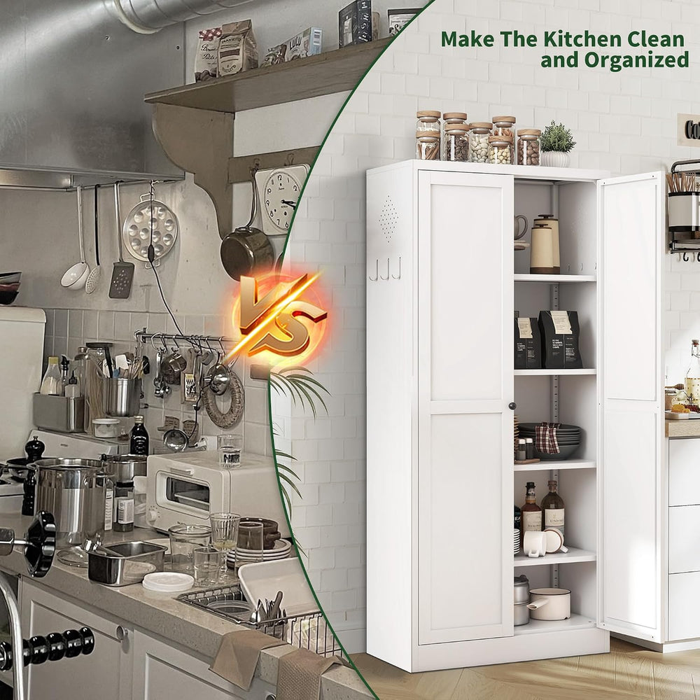 Kitchen Pantry Cabinet,White Metal Pantry Cabinet with 2 Doors & 4 Adjust...