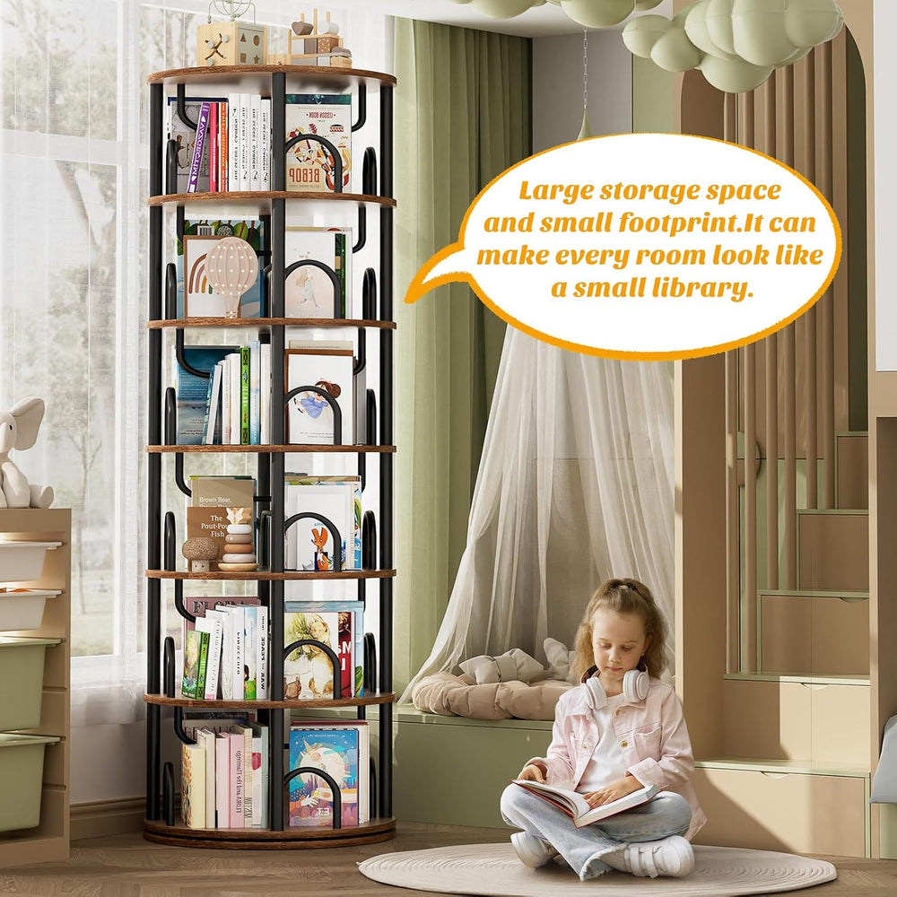 Aheaplus 6 Tier Rotating Bookshelf Tower, Revolving Bookcase, Rustic Brown