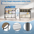 Leteuke Rolling Kitchen Carts with Wheels, 34" L x 17.5" W, 3-Tier Heavy Duty Utility Cart with Wood Tabletop, NSF Commercial Metal Serving Cart with Handle and Shelf Liner for Kitchen, Black