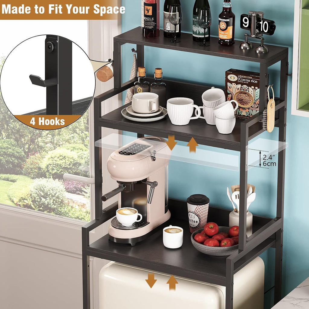 3-Tier Mini Fridge Stand Kitchen Bakers Rack with Adjustable Shelves, Freestanding Microwave Stand with Storage, Split Design Coffee Bar Shelf for Home Office Dorm (Black, 25.6")
