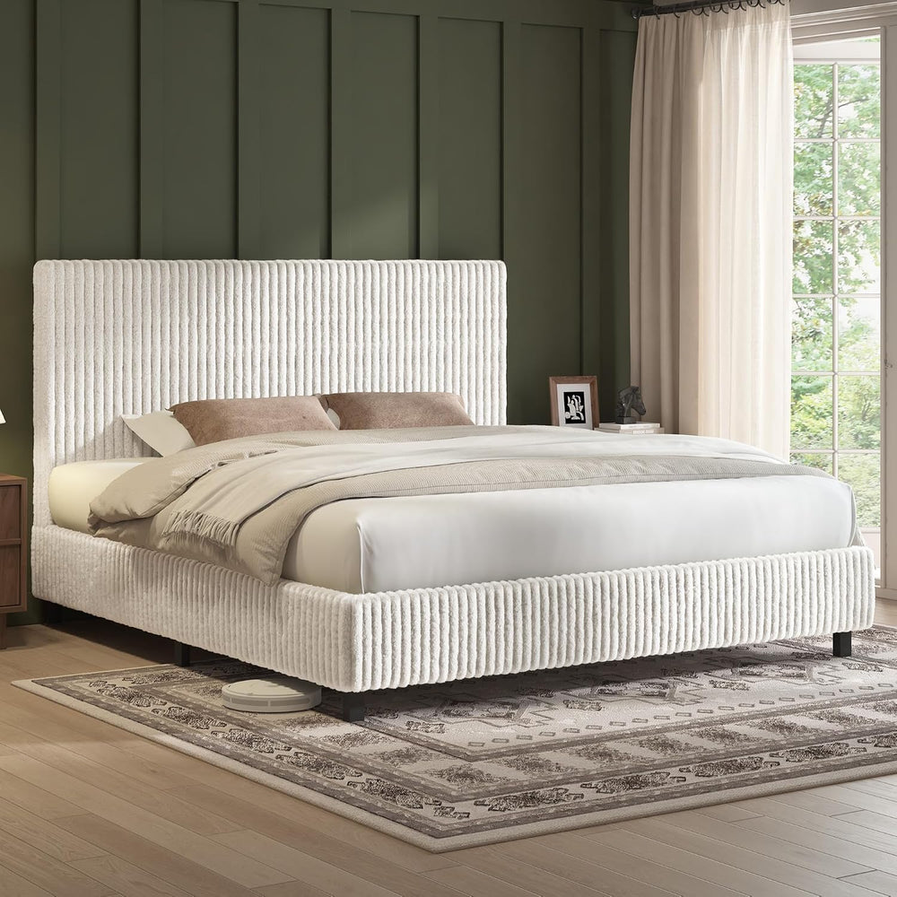 AMERLIFE King Bed Frame, Upholstered Metal Platform Bed, Cream