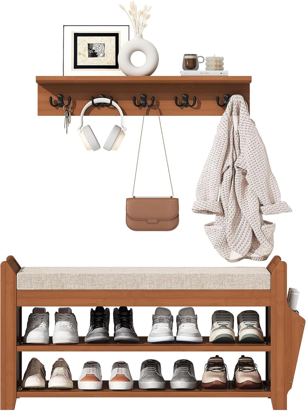 PETKABOO 31.5" Shoe Bench with Coat Rack Hidden Drawer and Side Holder, ...